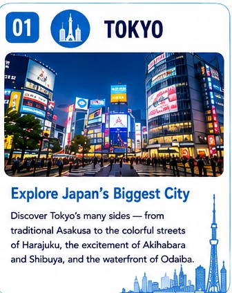 01 Tokyo — Explore Japan's Biggest City: Discover Tokyo's many sides — from traditional Asakusa to the colorful streets of Harajuku, the excitement of Akihabara and Shibuya, and the waterfront of Odaiba.