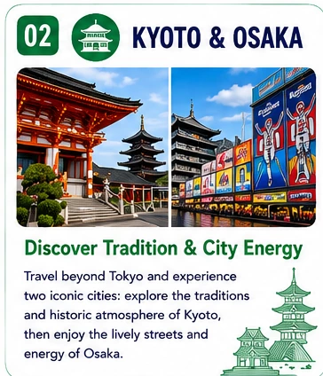 02 Kyoto & Osaka — Discover Tradition & City Energy: Travel beyond Tokyo and experience two iconic cities: explore the traditions and historic atmosphere of Kyoto, then enjoy the lively streets and energy of Osaka.