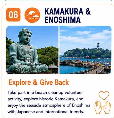 06 Kamakura & Enoshima — Explore & Give Back: Take part in a beach cleanup volunteer activity, explore historic Kamakura, and enjoy the seaside atmosphere of Enoshima with Japanese and international friends.